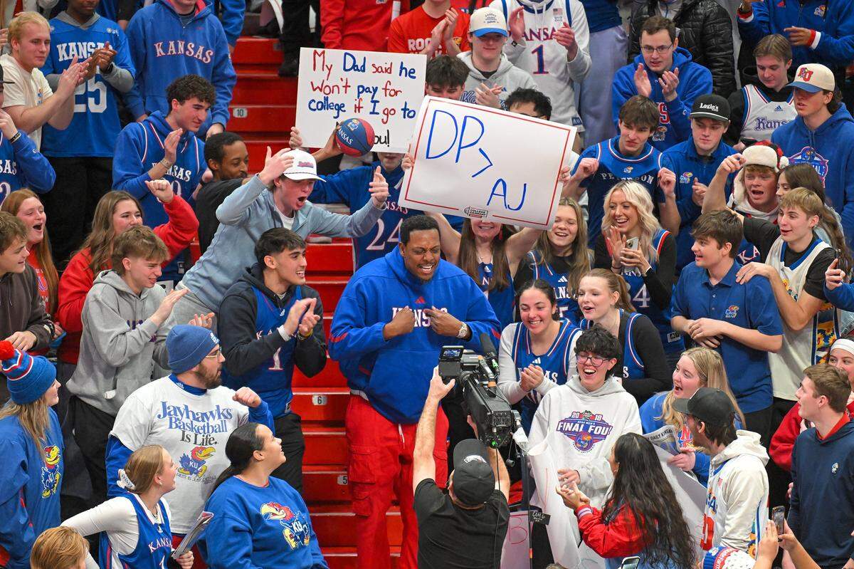 Former Kansas Jayhawks stay Paul Pierce is celebrated by fans in Allen Fieldhouse during ESPN's College GameDay ahead KU's highly anticipated matchup vs. BYU on Saturday, Jan. 31, 2026.