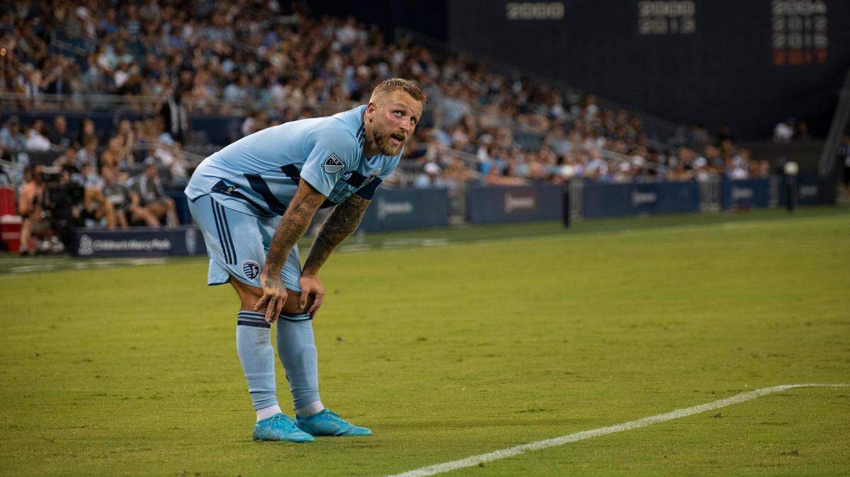 Sporting KC captain Johnny Russel looks at the video board as time runs out against LAFC last Saturday night (July 23, 2022) at Children’s Mercy Park in Kansas City, Kan.