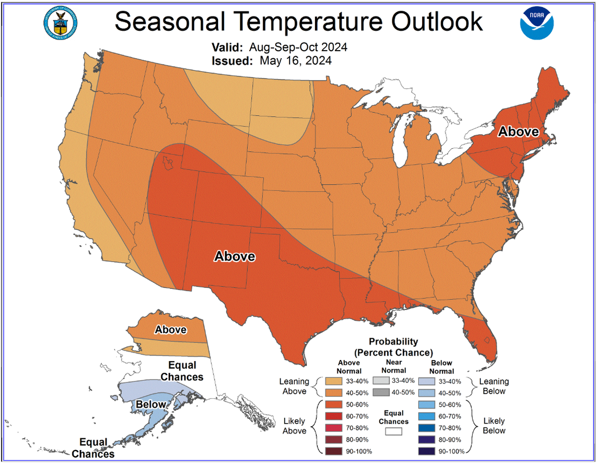 This map from the Climate Prediction Center shows the likelihood of above-average temperatures across the U.S. during the three-month period of August, September and October, 2024.