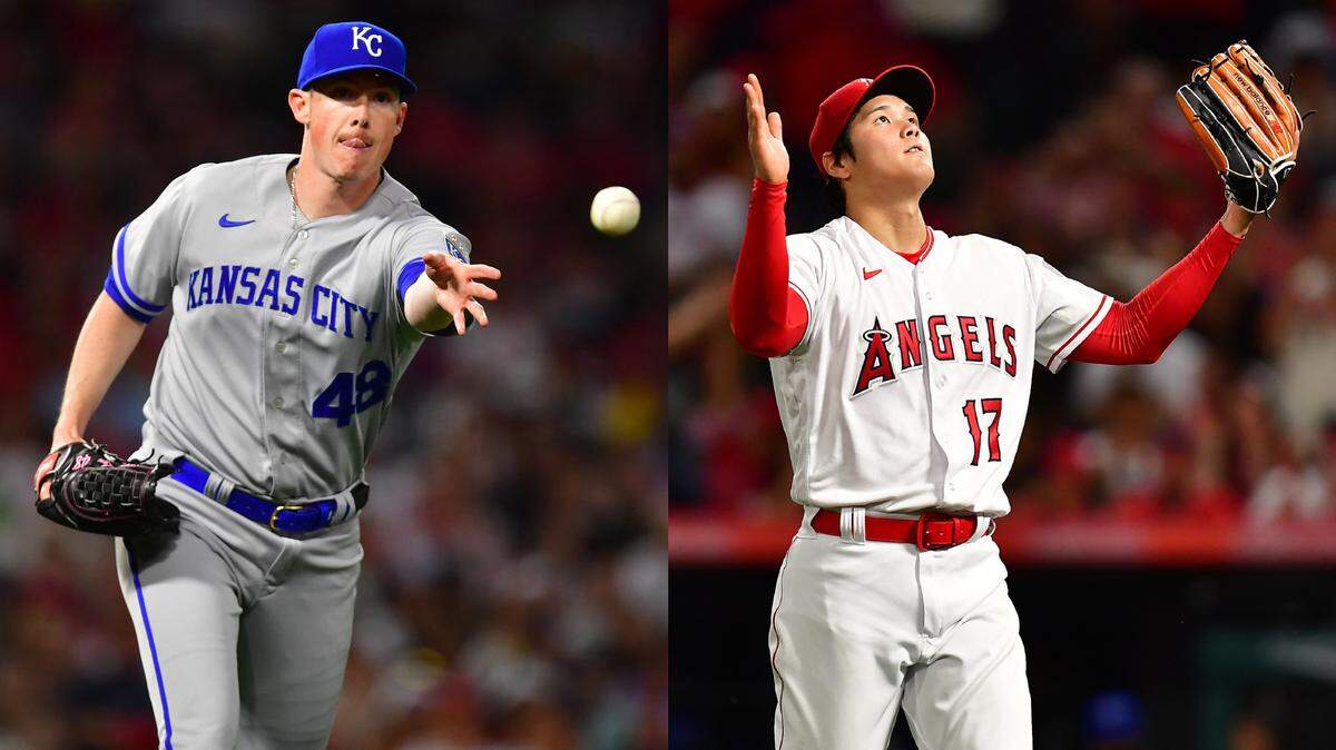Photo collage: KC Royals pitcher Ryan Yarbrough (left) and Angels star Shohei Ohtani (right) each took the mound at Angels Stadium in Anaheim, California, on April 21, 2023.