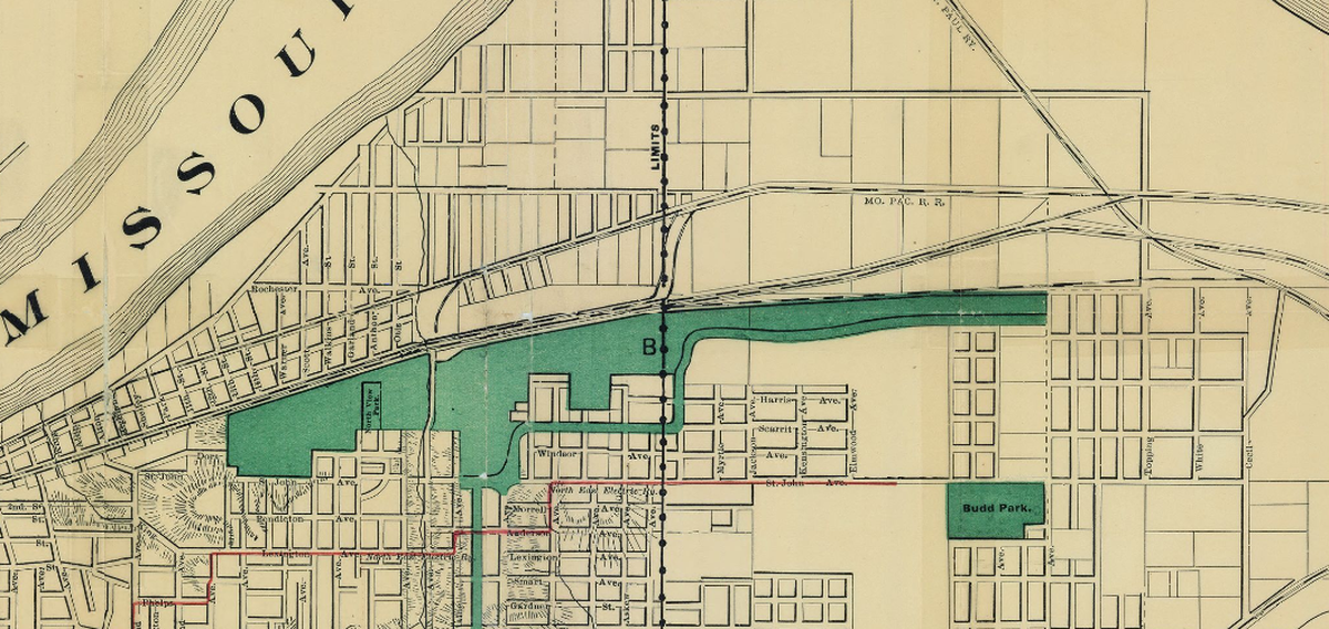 1893 map of the proposed Kansas City parks system. Area B on the map would eventually be designated as North Terrace Park and the boundaries extended further east and west. 