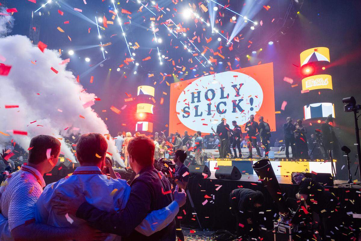 Confetti flies through the air as the final total amount raised during the Big Slick fundraiser is announced on Saturday, May 30, at T-Mobile Center. The annual fundraiser put on by famous Kansas City celebrities raises money for Children’s Mercy Hospital.