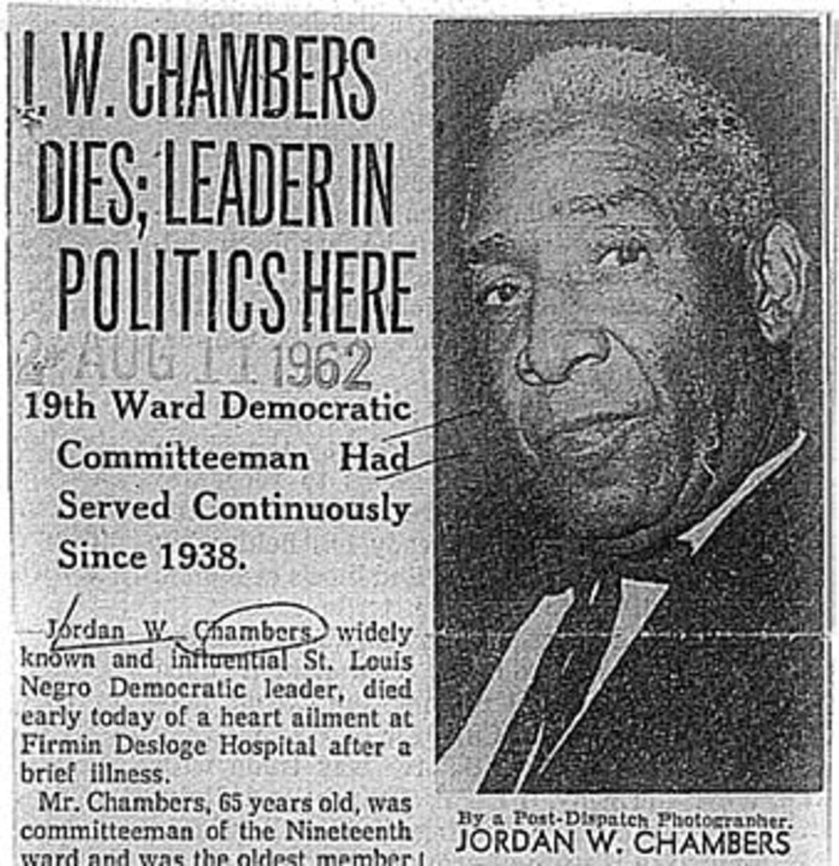 The St. Louis Post Dispatch wrote about Jordan W. Chambers' death on Aug. 11, 1962.
