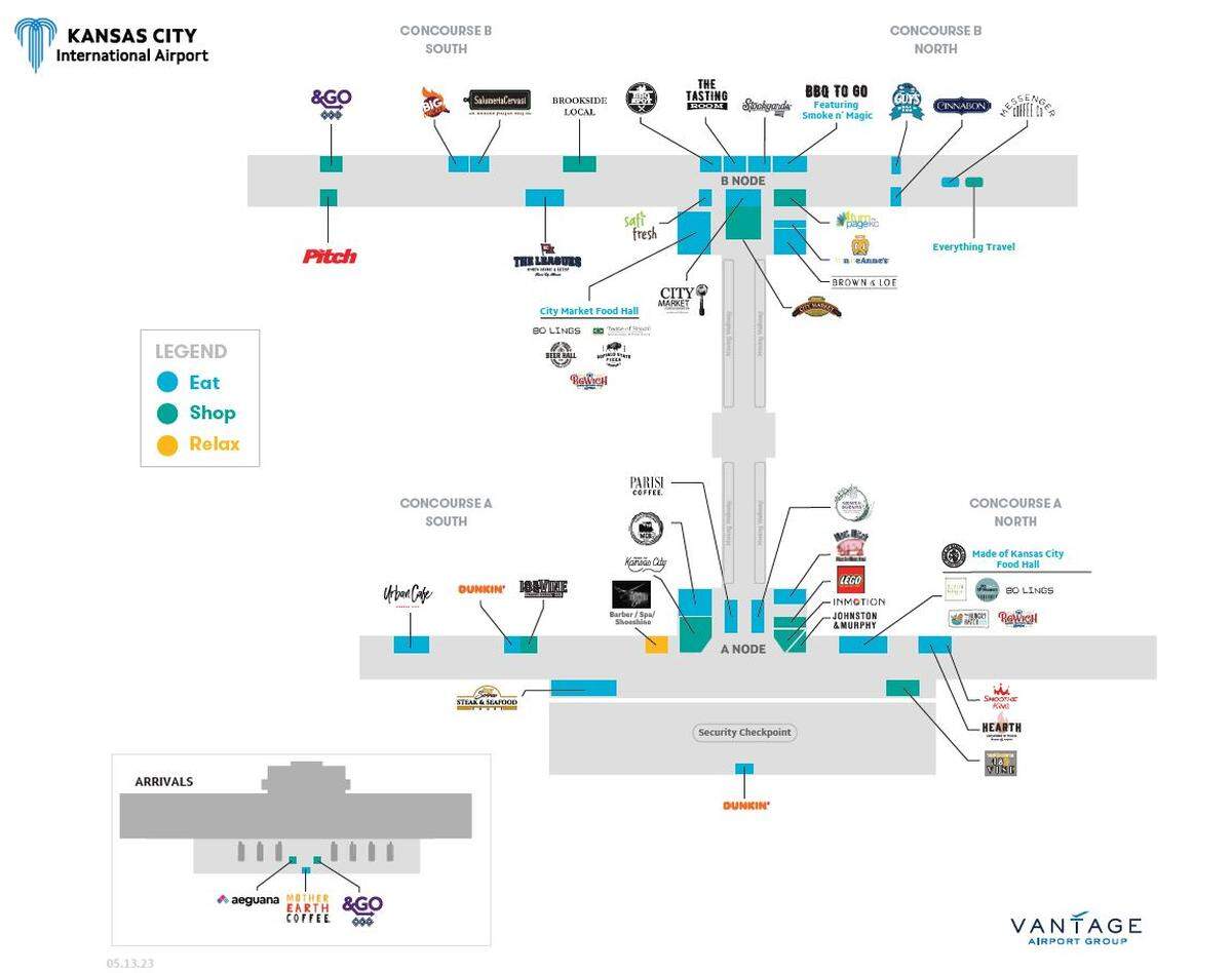 A map of eateries inside the terminal at Kansas City International Airport. The Made in Kansas City Food Hall is in Concourse A North.