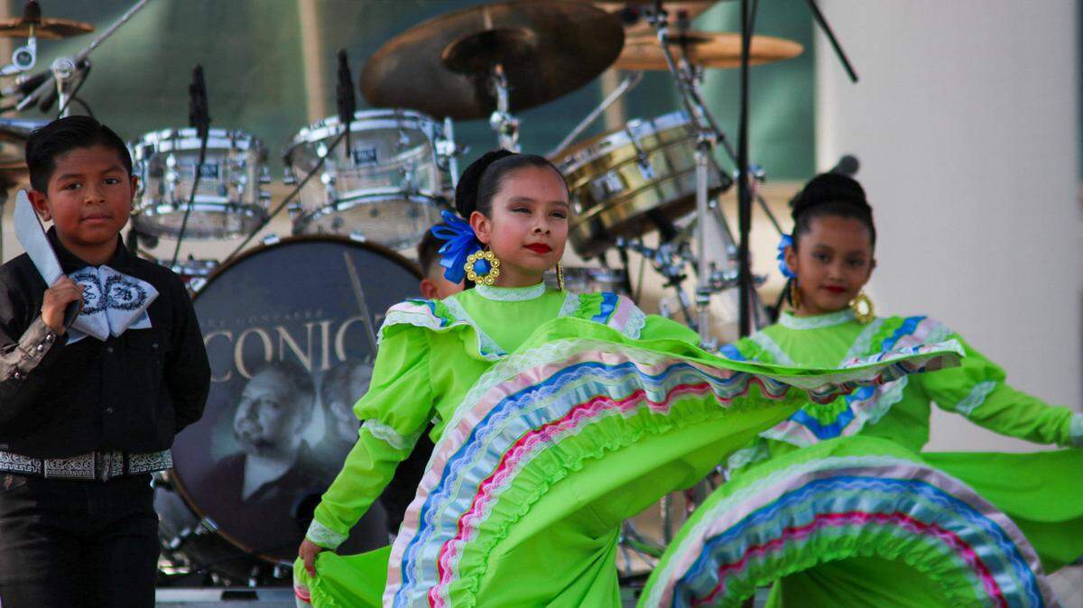 Guadalupe Centers Elementary School Aztec Folklorico Dance Group performs at Fiesta Hispana on Sept. 13, 2025.