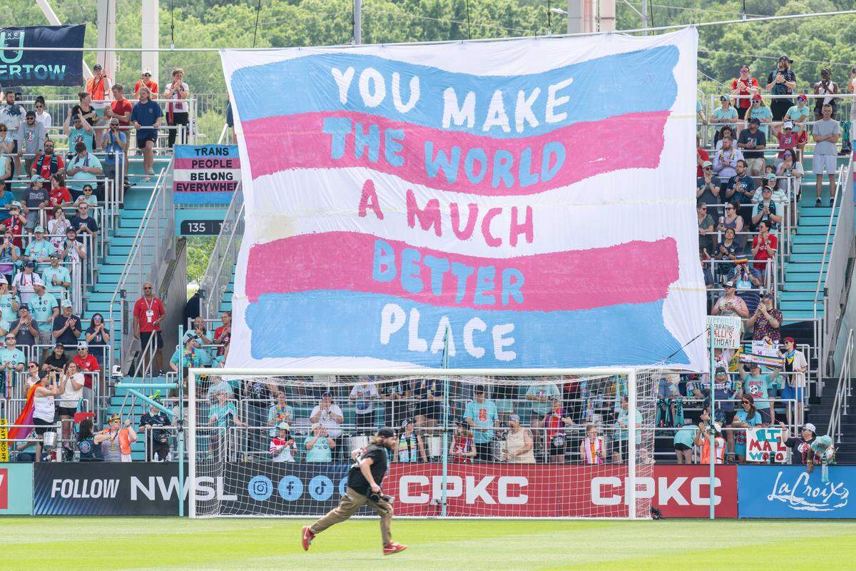 A banner held up in support of trans rights prior to the Kansas City Current's match vs. Boston Legacy FC on Saturday, May 30, 2026, at CPKC Stadium.