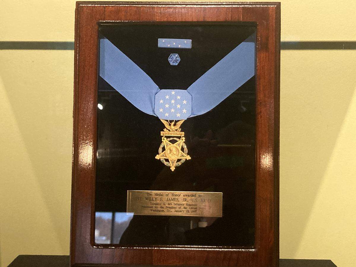 The Medal of Honor awarded to Pfc. Willy F. James, Jr., in 1997 by President Bill Clinton, 52 years after James died in battle in Germany in April 1945. The medal is at the Black Archives of Mid-America in Kansas City.