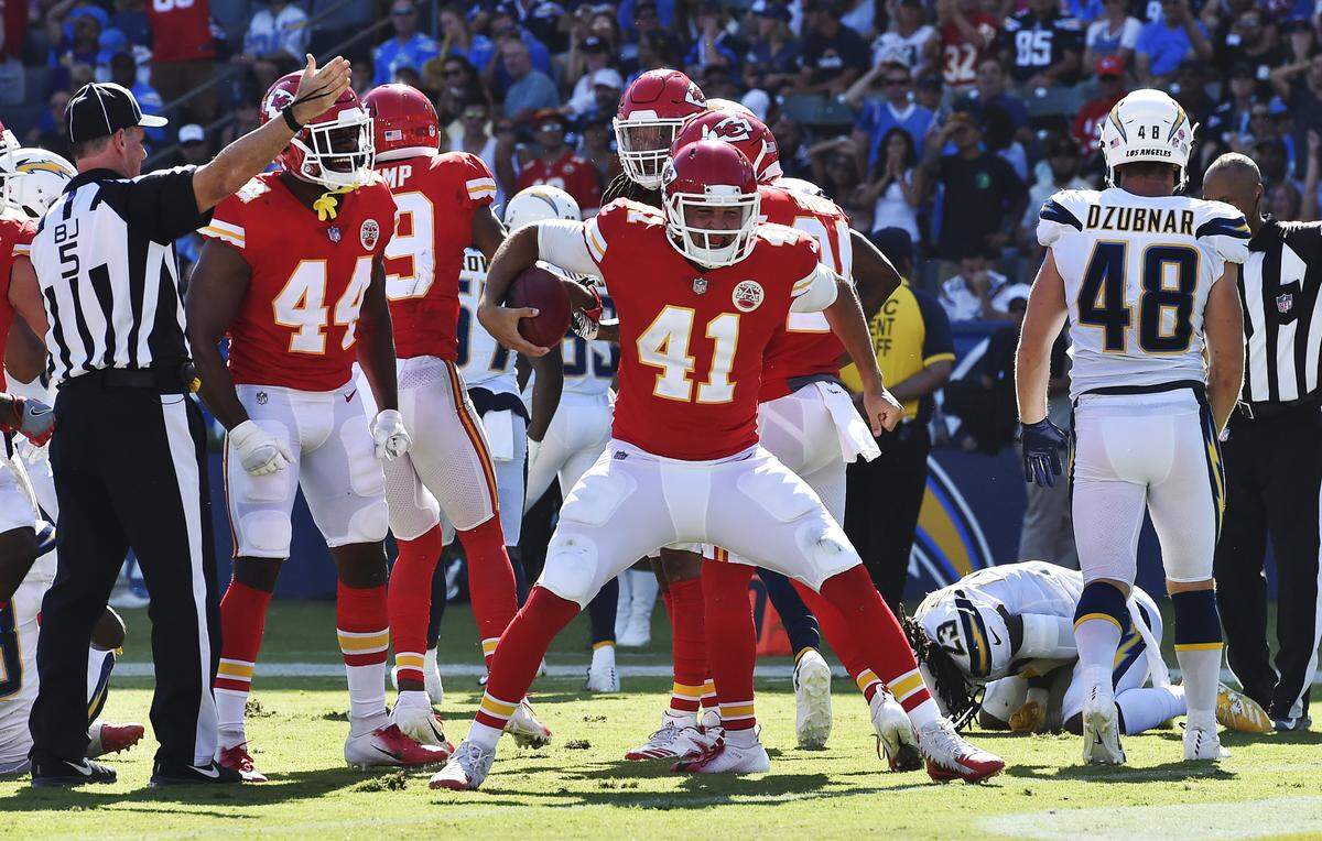 Chiefs long snapper James Winchester celebrated after recovering a Chargers fumble on a Chiefs punt in the fourth quarter during a 2018 game in Carson, California.