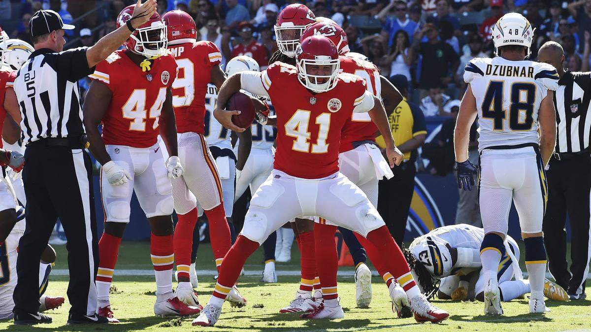 Chiefs long snapper James Winchester celebrated after recovering a Chargers fumble on a Chiefs punt in the fourth quarter during a 2018 game in Carson, California.