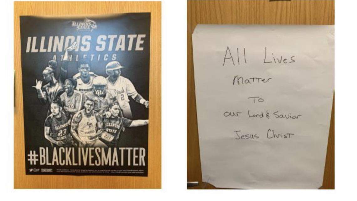 The former coach says he was fired for replacing a Black Lives Matter poster (left) with a sign that “expressed his own religious and political views,” the lawsuit said.
