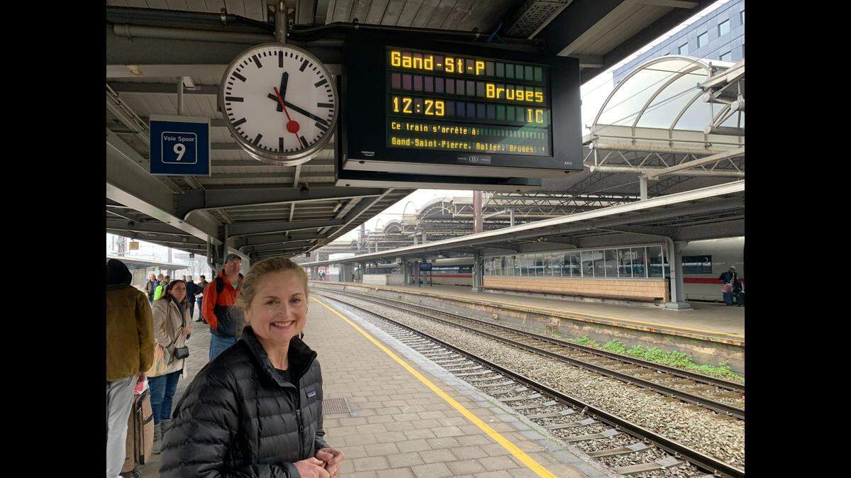 Sherry Kuehl awaits a train in Brussels on a action-packed European vacation.