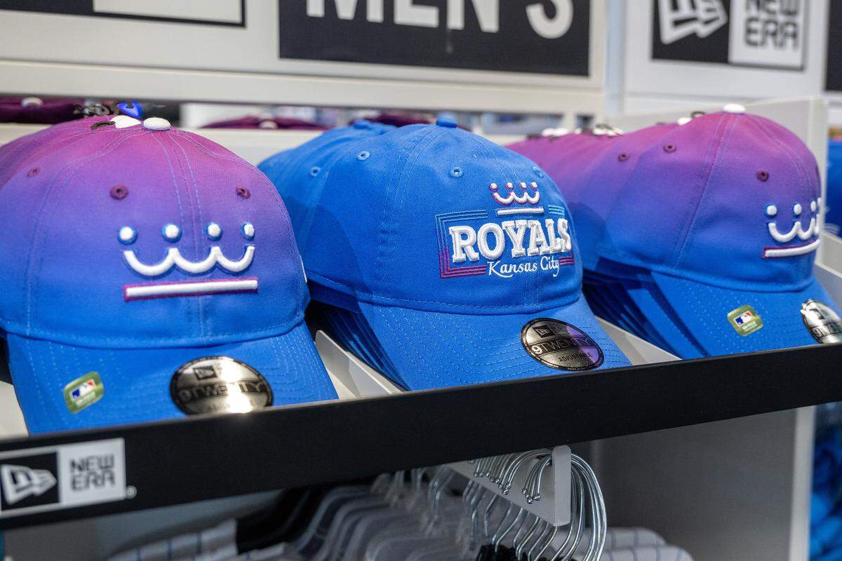 New Kansas City Royals City Connect hats are displayed at the Royals Team Store at Kauffman Stadium on Thursday, April 9, 2026, in Kansas City.