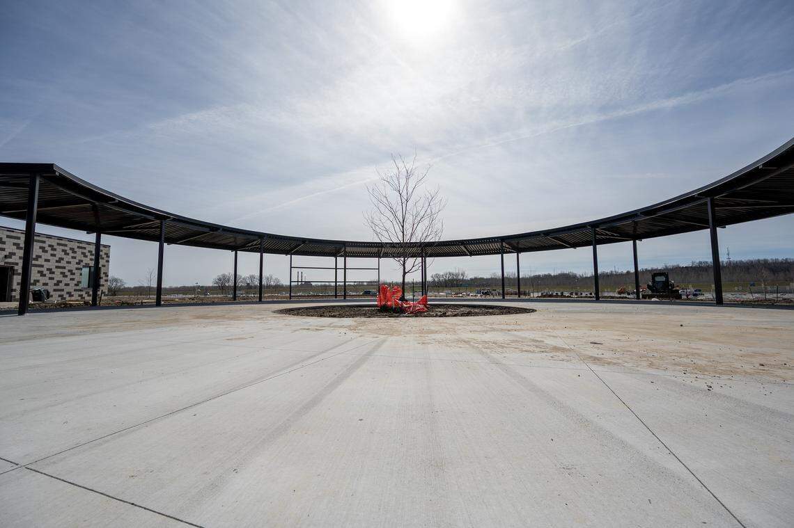 An open plaza near a shade structure is seen during construction at the Morton Amphitheater on Friday, March 13, 2026, in Riverside.