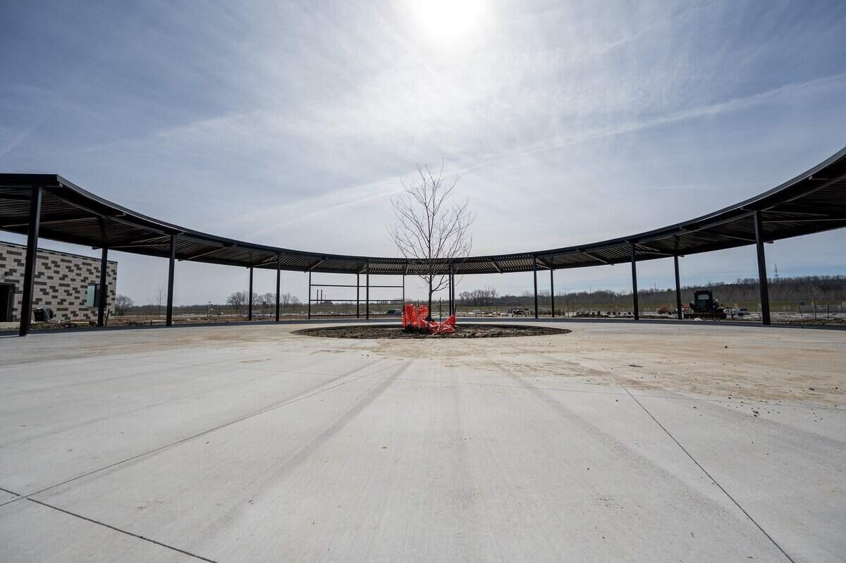 An open plaza near a shade structure is seen during construction at the Morton Amphitheater on Friday, March 13, 2026, in Riverside.