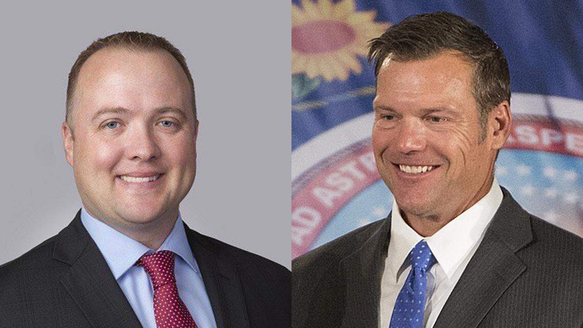 Kansas attorney general candidates Chris Mann, left, and Kris Kobach squared off in their first televised debate Tuesday night.