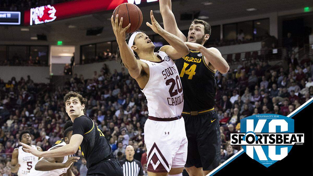South Carolina Gamecocks forward Alanzo Frink (20) jumps for a point as Missouri Tigers forward Reed Nikko (14) blocks at Colonial Life Arena on Saturday, February 1, 2020.