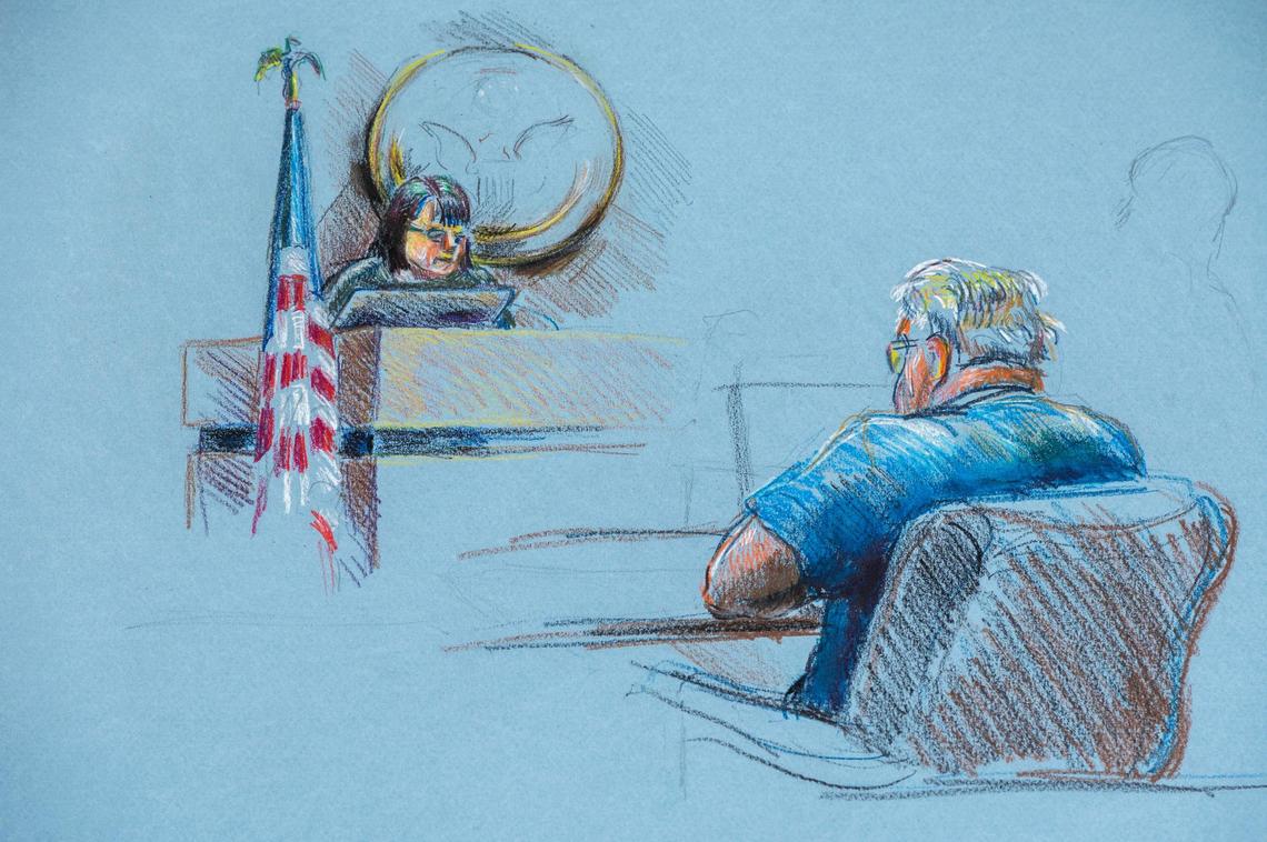 A courtroom sketch drawn by artist Marci Aylward shows former Kansas City, Kansas, detective Roger Golubski during his appearance Thursday in federal court at the Frank Carlson federal building in Topeka.