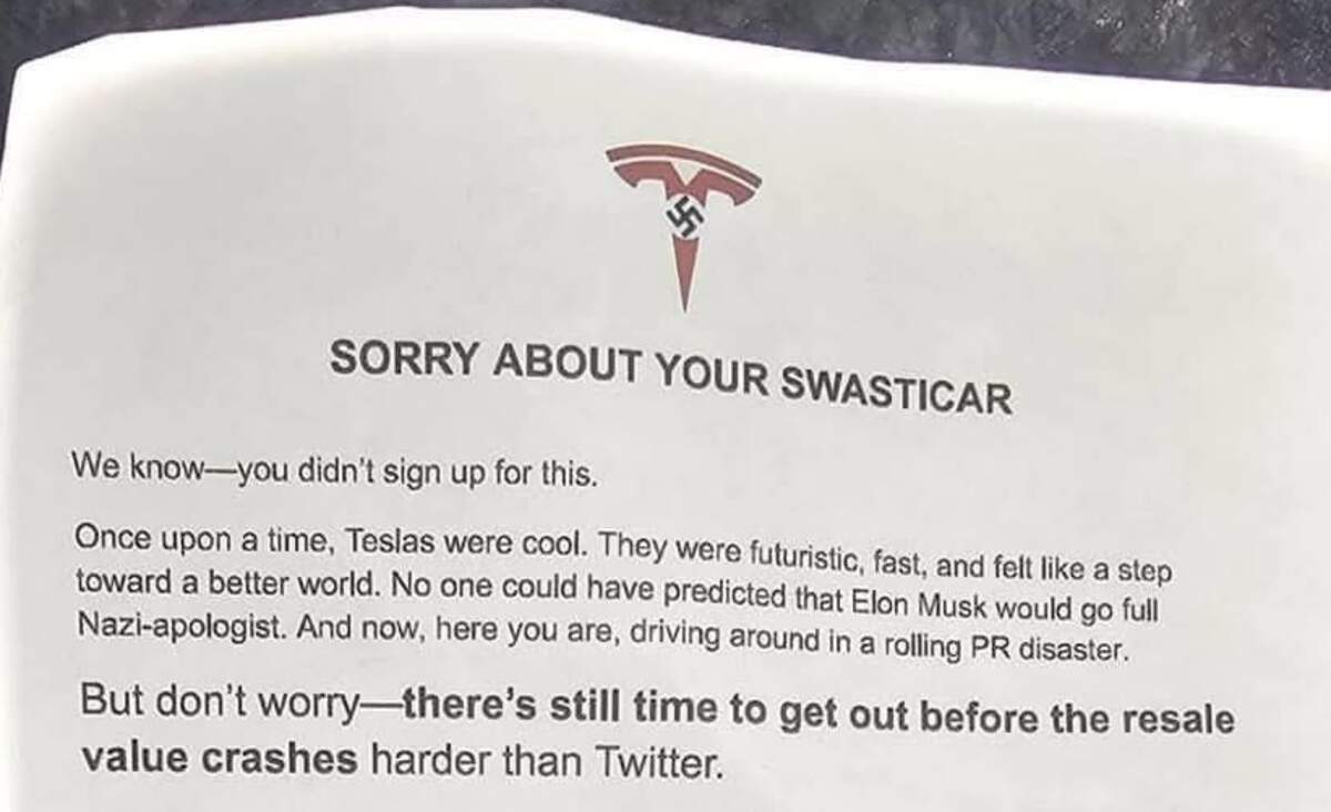 An open and anonymous letter on an internet Tesla fan page asked owners to trade in their “Swasticar.”