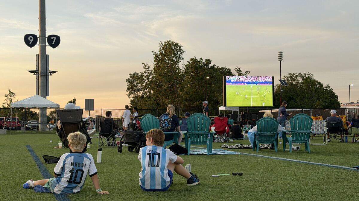 Go North KC’s watch party at the Central Bank Sporting Complex on June 16, 2026, which attracted around 200 people — many wearing soccer garb — was full of children playing makeshift soccer matches, families posing for photos in front of giant FIFA World Cup-themed soccer balls and people cheering as either team scored.