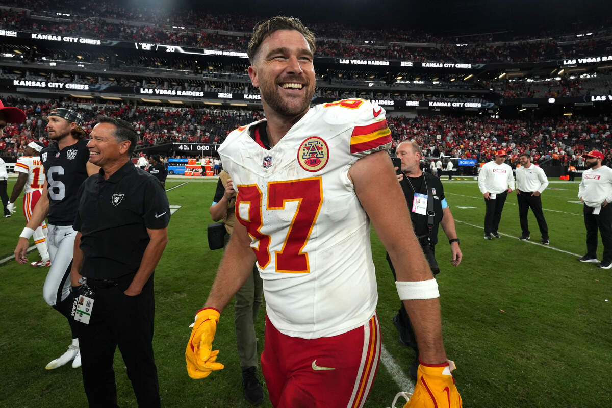 Kansas City Chiefs tight end Travis Kelce (87) reacts after the game against the Las Vegas Raiders at Allegiant Stadium.