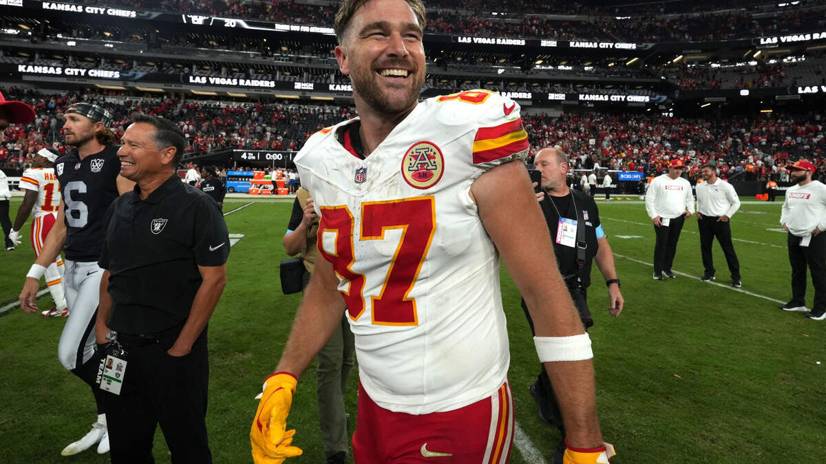 Kansas City Chiefs tight end Travis Kelce (87) reacts after the game against the Las Vegas Raiders at Allegiant Stadium.