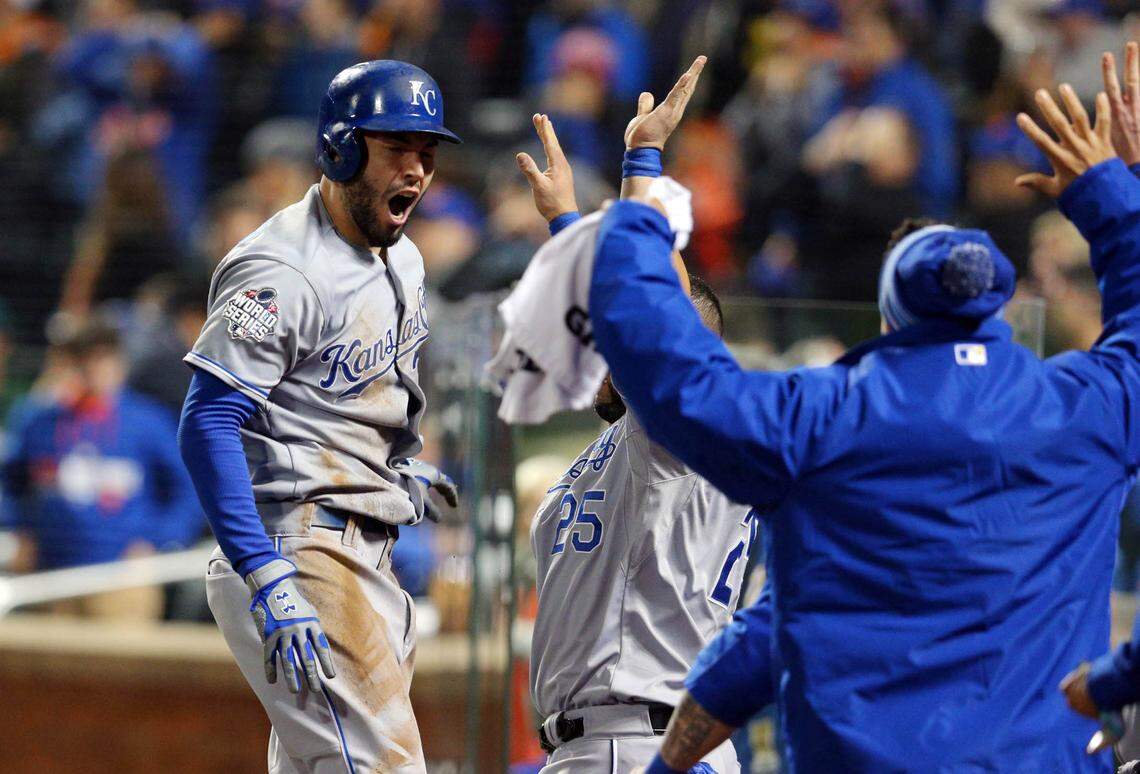 Kansas City Royals first baseman Eric Hosmer reacts after scoring the tying run against the New York Mets in the 9th inning in Game 5 of the World Series at Citi Field on Nov. 1, 2015.