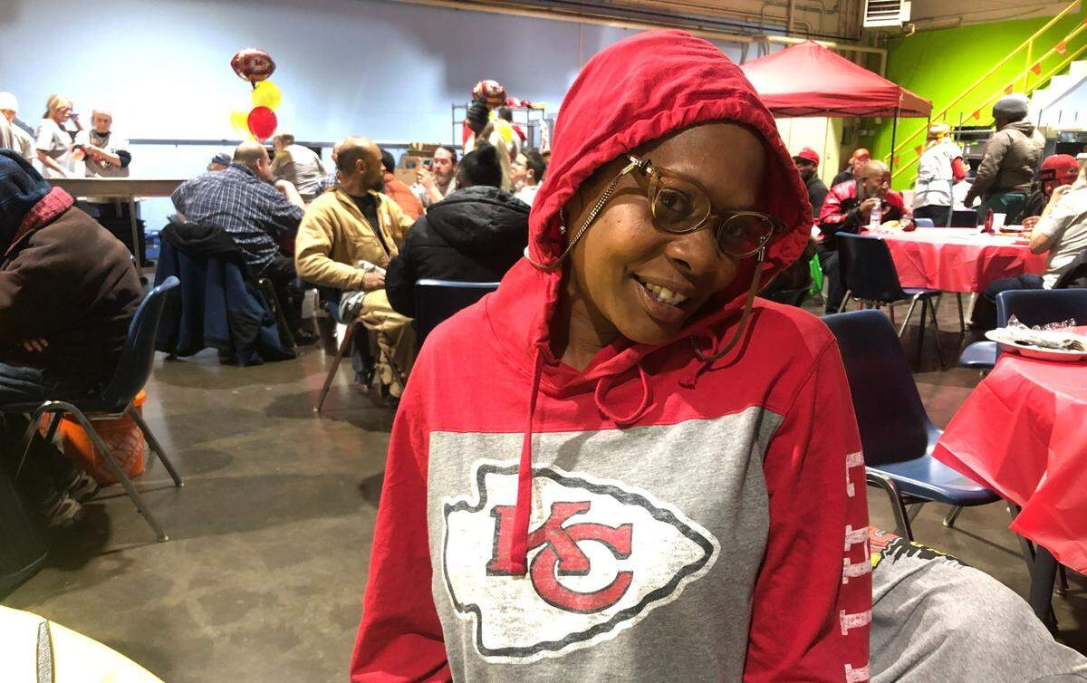 Lynn Grace watched the Super Bowl at a watch party for people experiencing homelessness at Morning Glory Ministries.