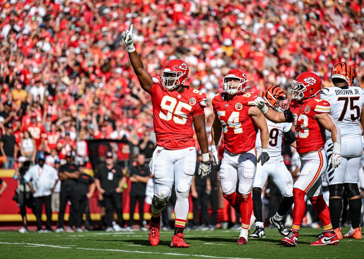 Kansas City Chiefs defensive tackle Chris Jones (95), linebacker Leo Chenal (54) and linebacker Drue Tranquill (23) celebrate after Jones and defensive end George Karlaftis sacked Cincinnati Bengals quarterback Joe Burrow (9) in the second quarter Sunday, Sept. 15, 2024, at GEHA Field at Arrowhead Stadium.