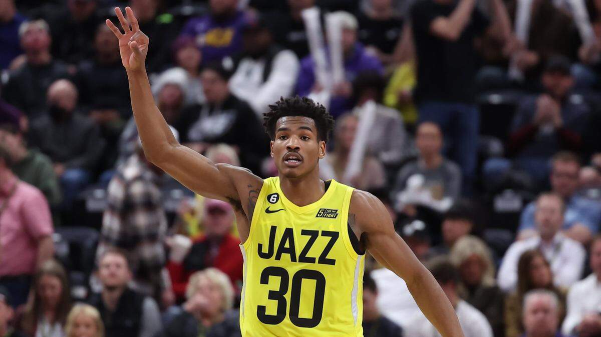 Utah Jazz guard Ochai Agbaji’s three-point shooting helped push the Utah Jazz past the the Sacramento Kings in a game in Salt Lake City on Monday, March 20, 2023.