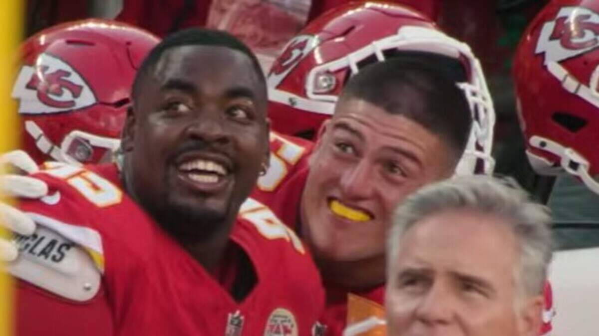 The Chiefs’ Chris Jones and George Karlaftis celebrated sharing a sack during Sunday’s game. It was a temporary stat.