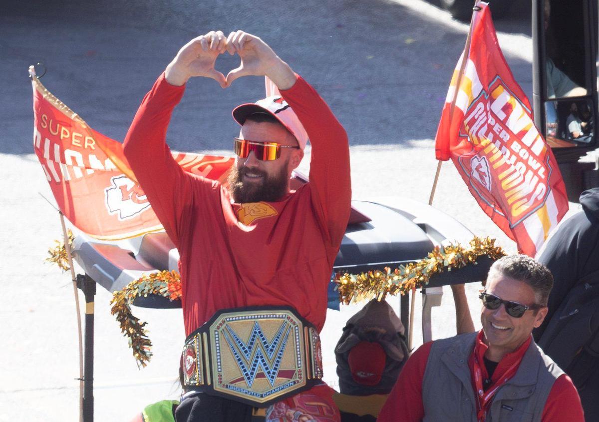At the Chiefs Super Bowl parade Wednesday Travis Kelce threw up a heart sign his girlfriend Taylor Swift uses often. The celebration on Valentine’s Day inspired “roses are red” poems.