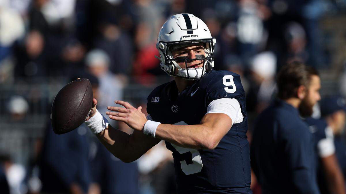 Penn State Nittany Lions quarterback Beau Pribula (9) looks to throw a pass during pregame warmups against the Ohio State Buckeyes at Beaver Stadium on Nov. 2, 2024.