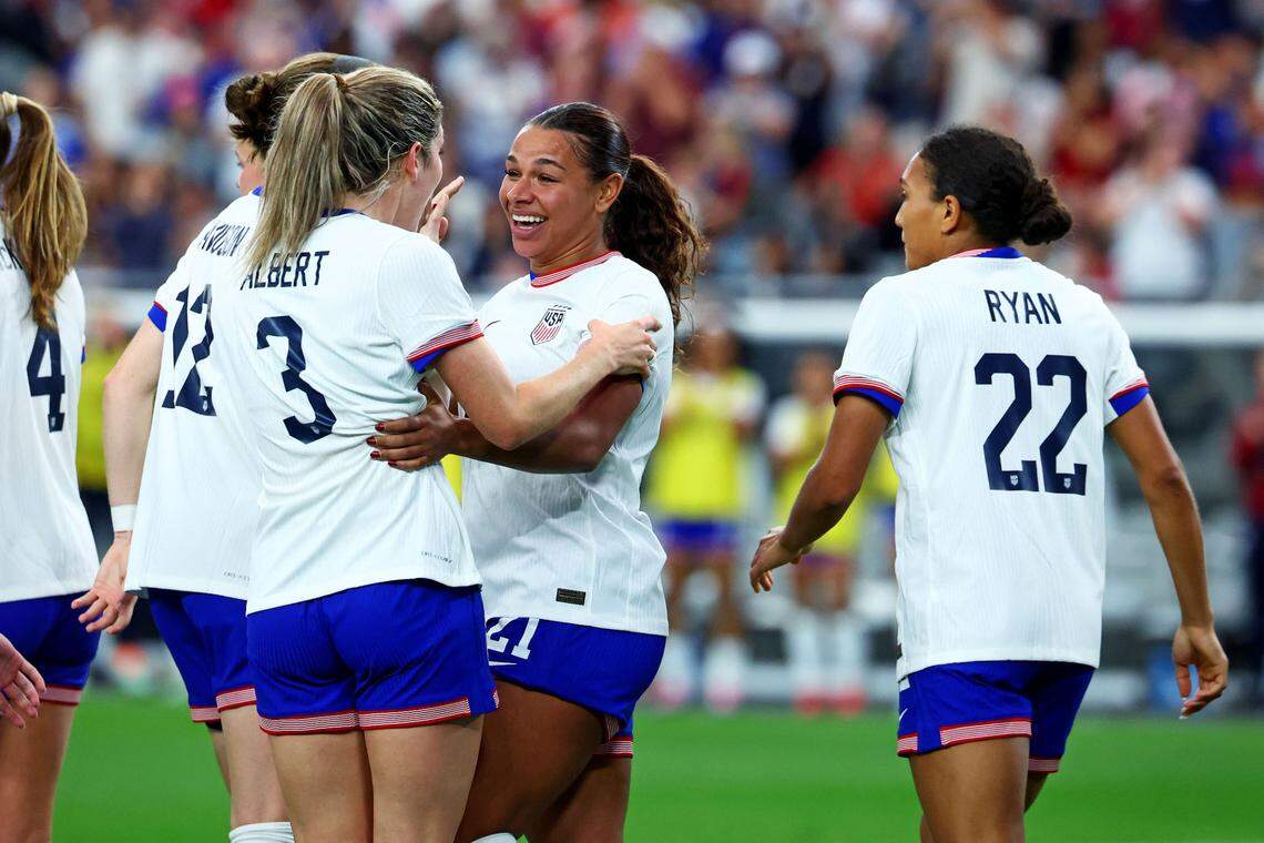 U.S. Women’s National Team forward Michelle Cooper (21) celebrates after scoring a goal during the second half against Australia in the SheBelieves Cup at State Farm Stadium on Feb. 23, 2025.