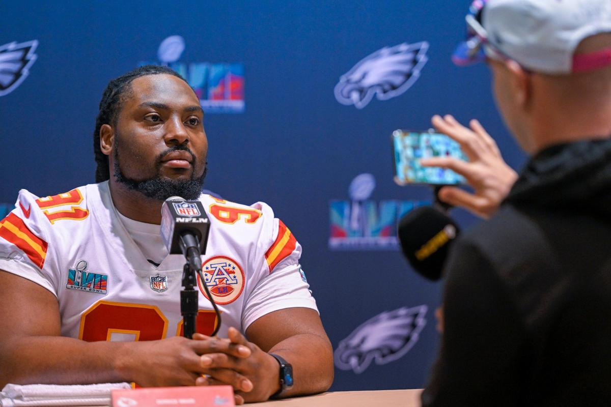 Kansas City Chiefs defensive tackle Derrick Nnadi (91) is interviewed during the team’s media availability Thursday, Feb. 9, 2023, in Scottsdale, Arizona.