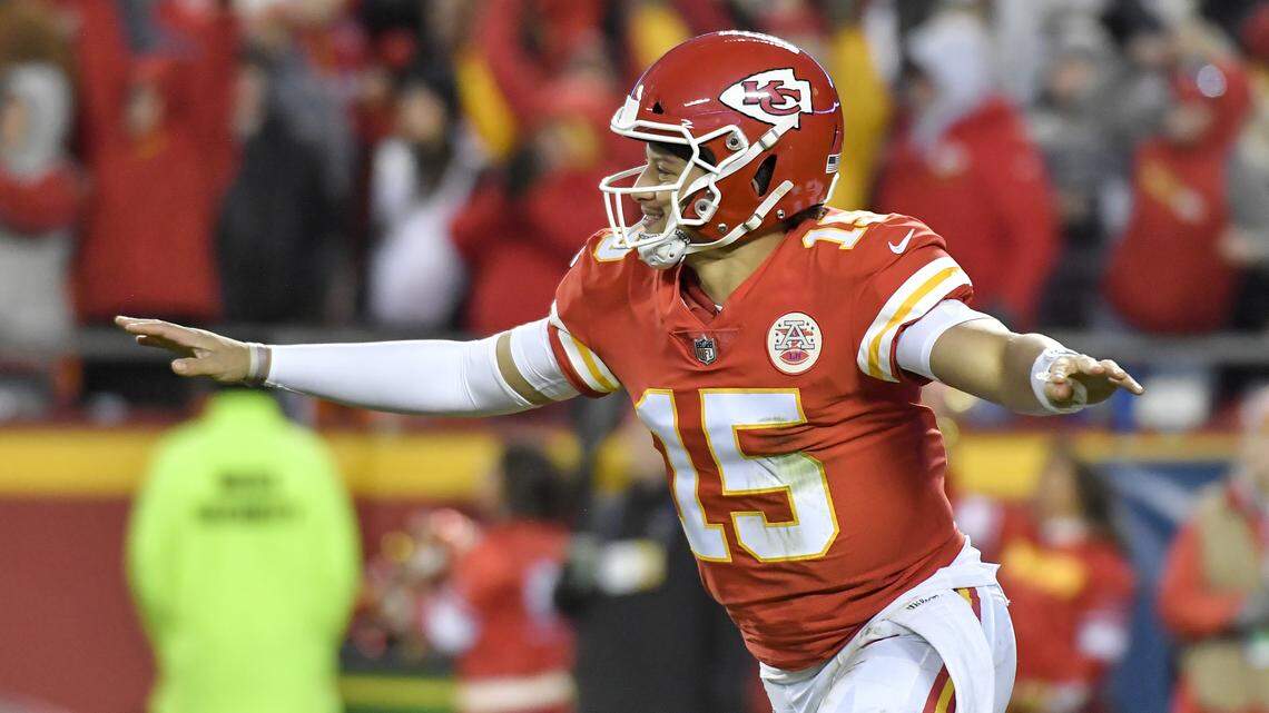 Kansas City Chiefs quarterback Patrick Mahomes celebrated after he threw his 50th touchdown pass of the season, a 89-yard reception to wide receiver Demarcus Robinson, in the third quarter against the Raiders during Sunday’s football game on December 30, 2018 at Arrowhead Stadium in Kansas City, Mo.