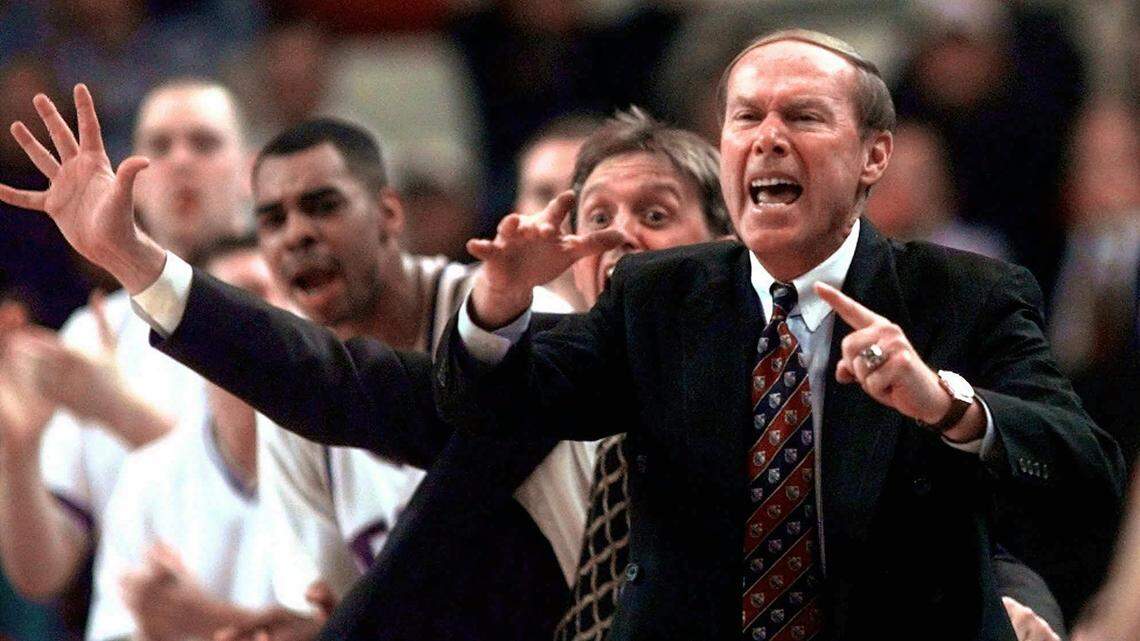 TCU head coach Billy Tubbs, front, and assistant coach Steve McClain shout instructions to their players during their opening round game Friday, March 13, 1998, in the NCAA Midwest Regional in Oklahoma City. Fifth-seeded TCU was upset by Florida State, 96-87. (AP Photo/John Gaps III)