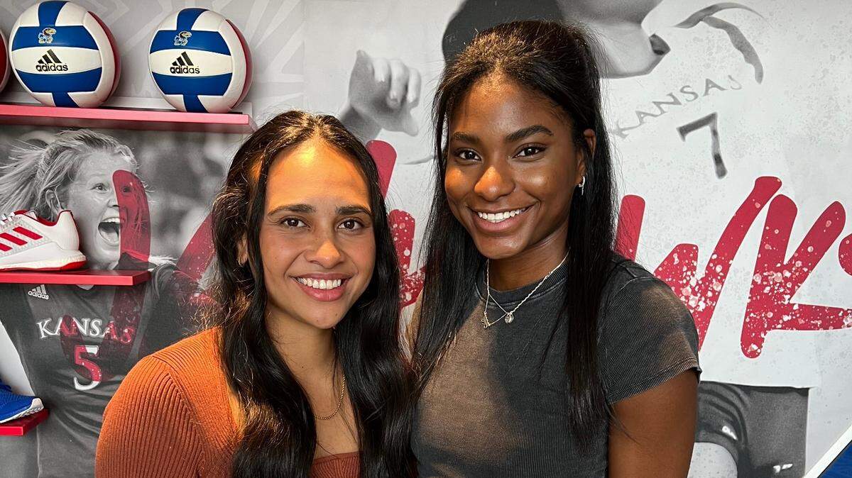 KU volleyball greats Ainise Havili, left, and Kelsie Payne, will have their jerseys hung Saturday in Horejsi Center after a 2:30 p.m., match gainst Omaha.