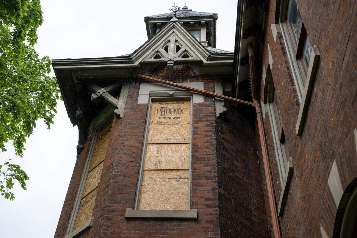 Boarded-up windows are seen at the Vaile Mansion on Tuesday, May 5, 2026, in Independence.