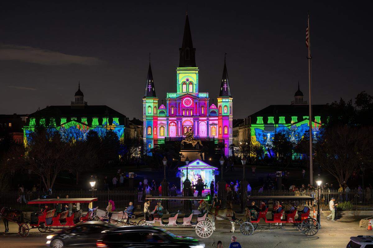 The St. Louis Cathedral was lit up by video projectors on Thursday, Feb. 6, 2025, in New Orleans in honor of Super Bowl LIX. The Kansas City Chiefs made their way down south to take on the Philadelphia Eagles for their third Super Bowl appearance in as many years.   