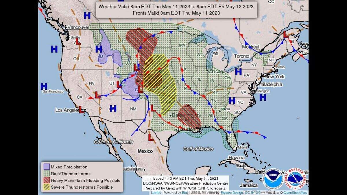 Showers and isolated thunderstorms will be possible in the Kansas City area through the end of the week. There’s a chance of severe weather Friday, according to the National Weather Service in Kansas City.