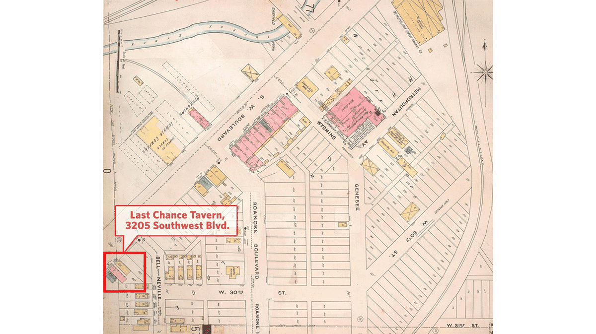 Sanborn Fire Insurance map showing 3205 Southwest Blvd., home of the Last Chance Tavern.