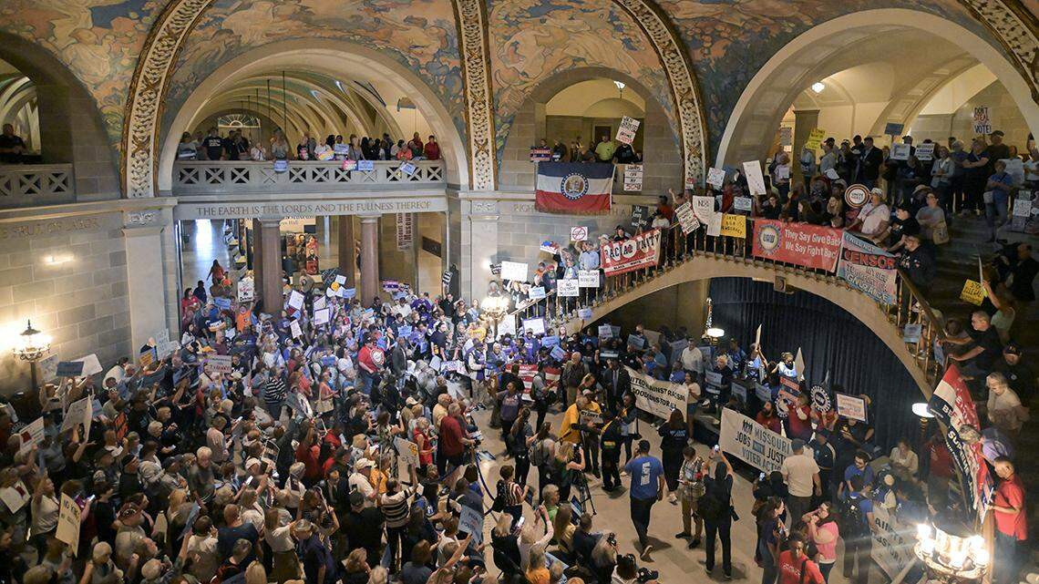 JEFFERSON CITY, MISSOURI - SEPTEMBER 10: Protestors demonstrate inside the rotunda of the Missouri Capitol Building on September 10, 2025 in Jefferson City, Missouri. Activists and concerned voters descended in the Missouri Capitol to protest the current plan on redistricting maps ahead of the midterm elections. (Photo by Michael Thomas/Getty Images)