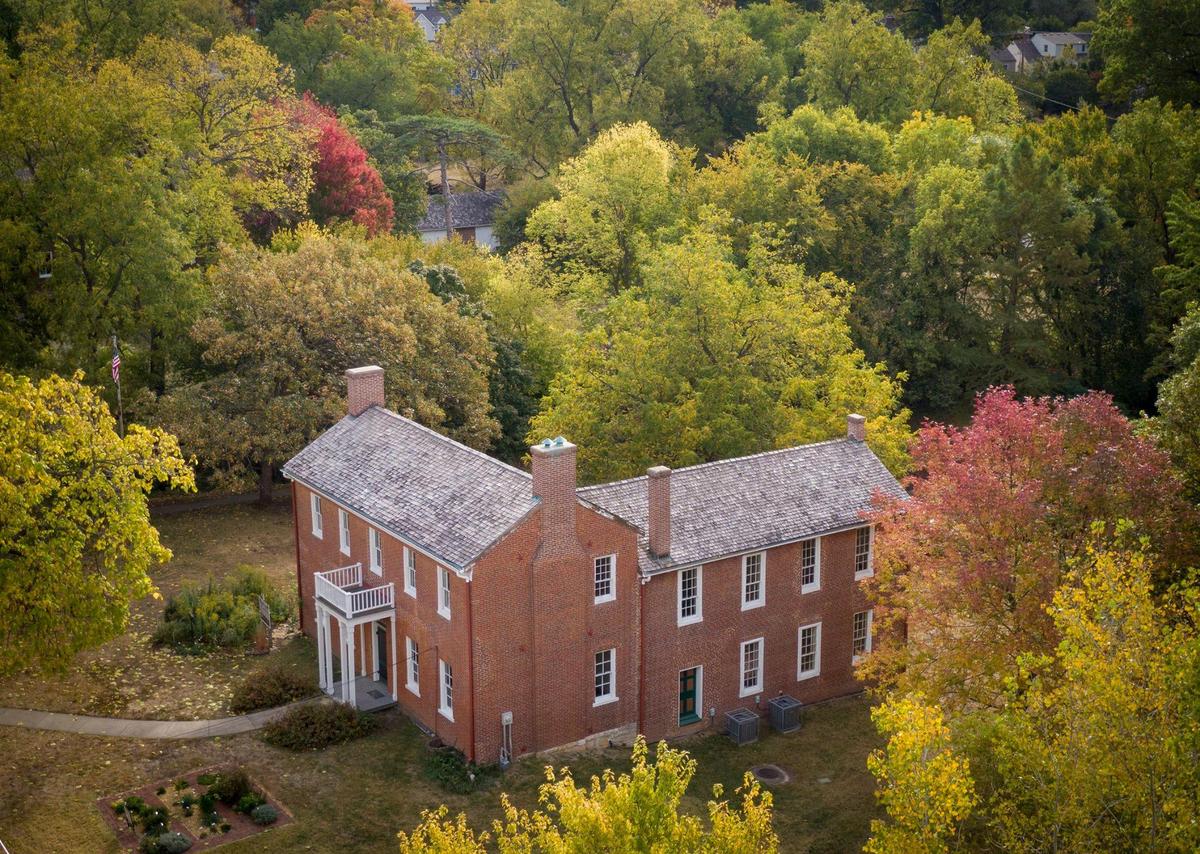 This view of the Shawnee Indian Mission, looking southeast, shows the historic buildings on the south side of 53rd Street in Fairway.