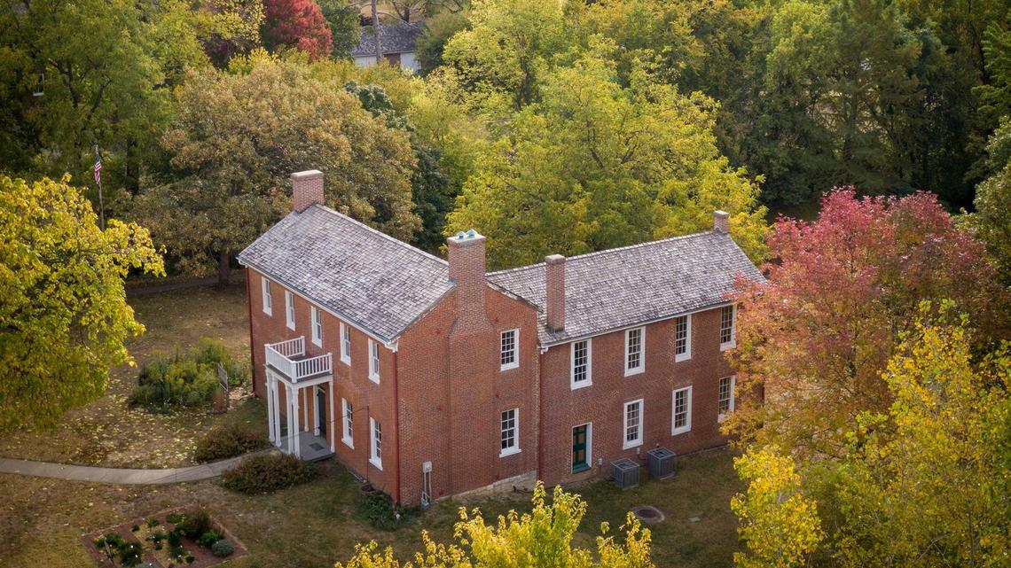 This view of the Shawnee Indian Mission, looking southeast, shows the historic buildings on the south side of 53rd Street in Fairway. 