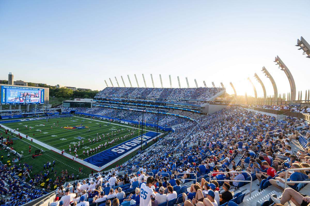 A sold-out crowd watches the halftime show inside the newly remodeled David Booth Kansas Memorial Stadium during the Jayhawks game vs. the Fresno State Bulldogs on Saturday, Aug. 23, 2025, in Kansas City.