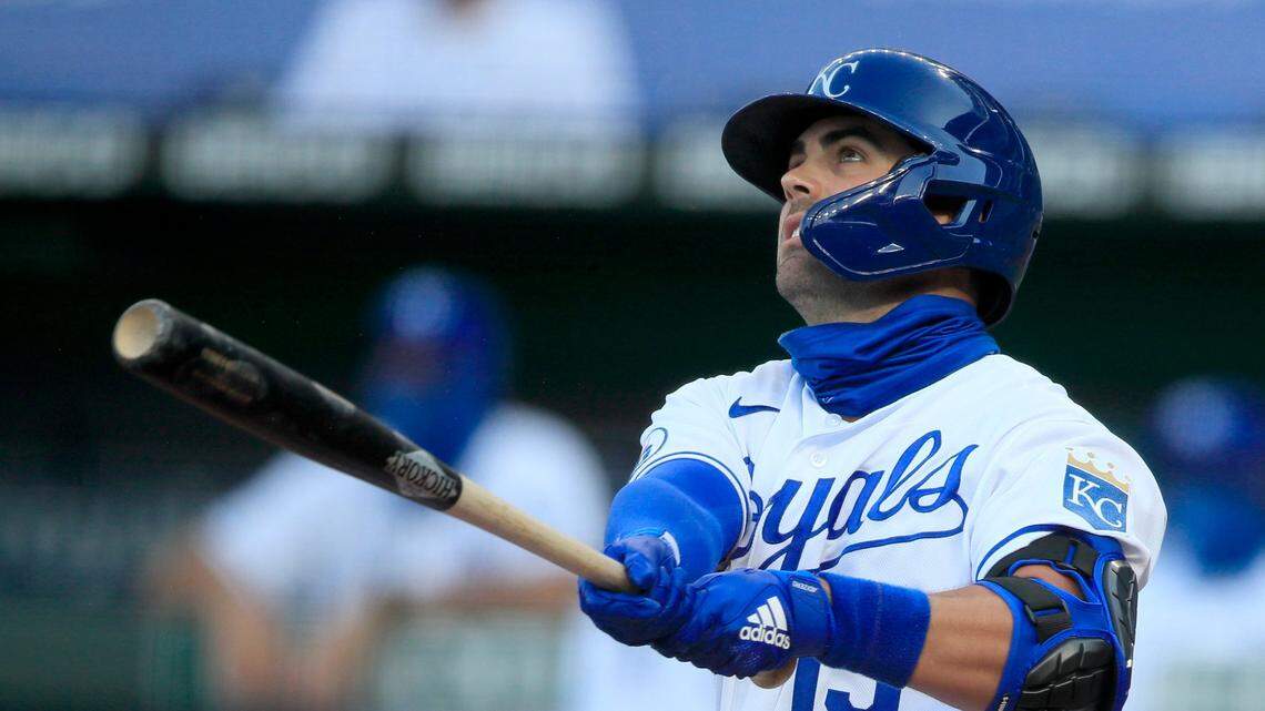 Kansas City Royals Whit Merrifield hits a two-run home run off Chicago Cubs starting pitcher Tyler Chatwood during the second inning on Thursday, Aug. 6, 2020.