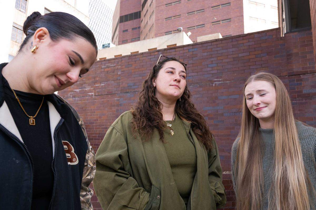 Friends of Jennifer Jensen speak to media outside Albert Riederer Community Justice Complex, on Monday, January 5, 2026. Jensen died in a car accident in Independence on December 27.