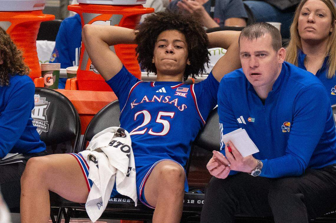 Kansas Jayhawks forward Jaliya Davis (25) sits on the bench late in the second half of the Jayhawks first round game of the Big 12 Women's Basketball Tournament on Thursday, March 5, 2026, at T-Mobile Center.