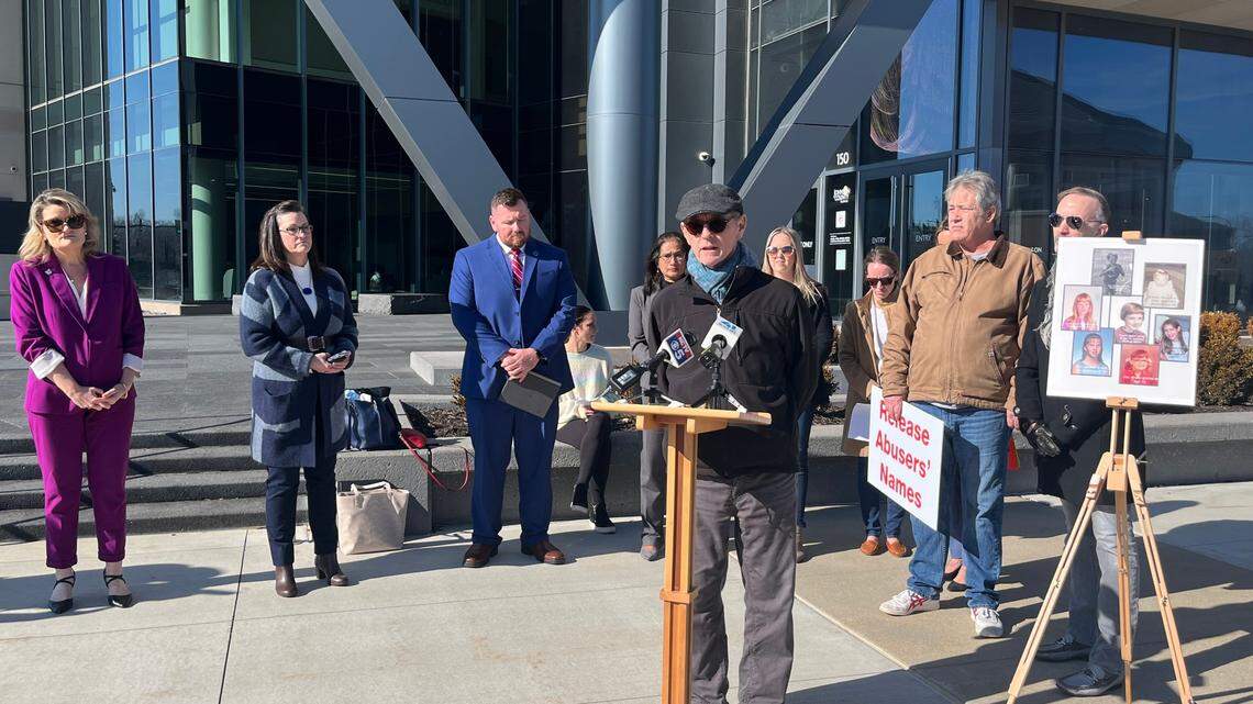 A coalition of lawmakers, child abuse survivors and activists called on Kansas Attorney General Kris Kobach to release names of Catholic clergy credibly accused of child sex abuse. Katie Bernard / Kansas City Star