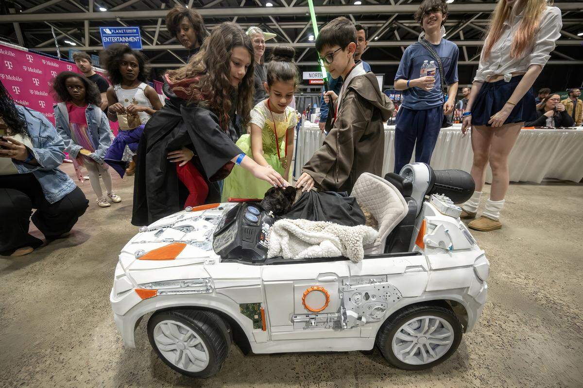 Penelope, a four-year-old French Bulldog, was a hit with kids as she cruised Planet Comicon Kansas City in a remote control car at Bartle Hall on Sunday, March 29, 2026, in Kansas City. Marc Saylor and Mia Chaco escorted the rescue dog to the show.